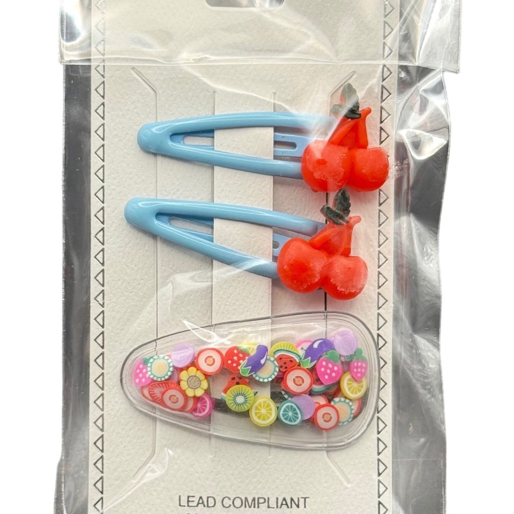 Kids Fruit Hair Clip Set Blue Cherry Snap Clips and Fruit Confetti Barrette